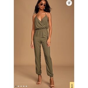 Lulus Learning to Fly Olive Green Halter Jumpsuit